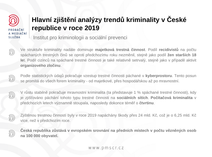 Hlavní zjištění analýzy trendů kriminality v České republice v roce 2019